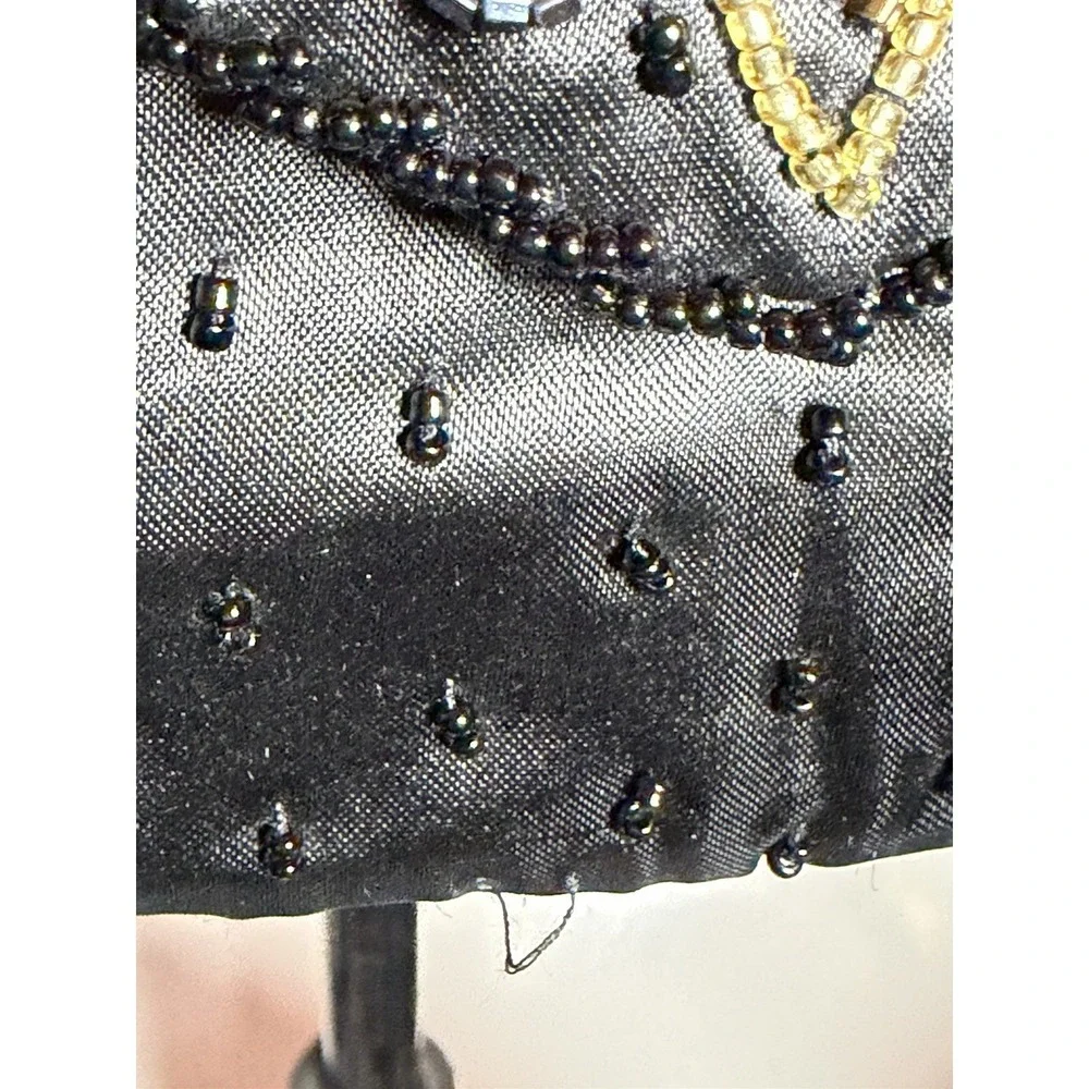 Vtg Y2K Beaded Satin Evening Bag Black Floral‎ Woven Strap Prom cocktail